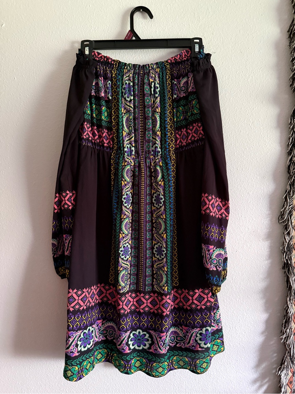 Flying Tomato • Boho Floral Border Print Peasant Dress in Black • Women’s Large